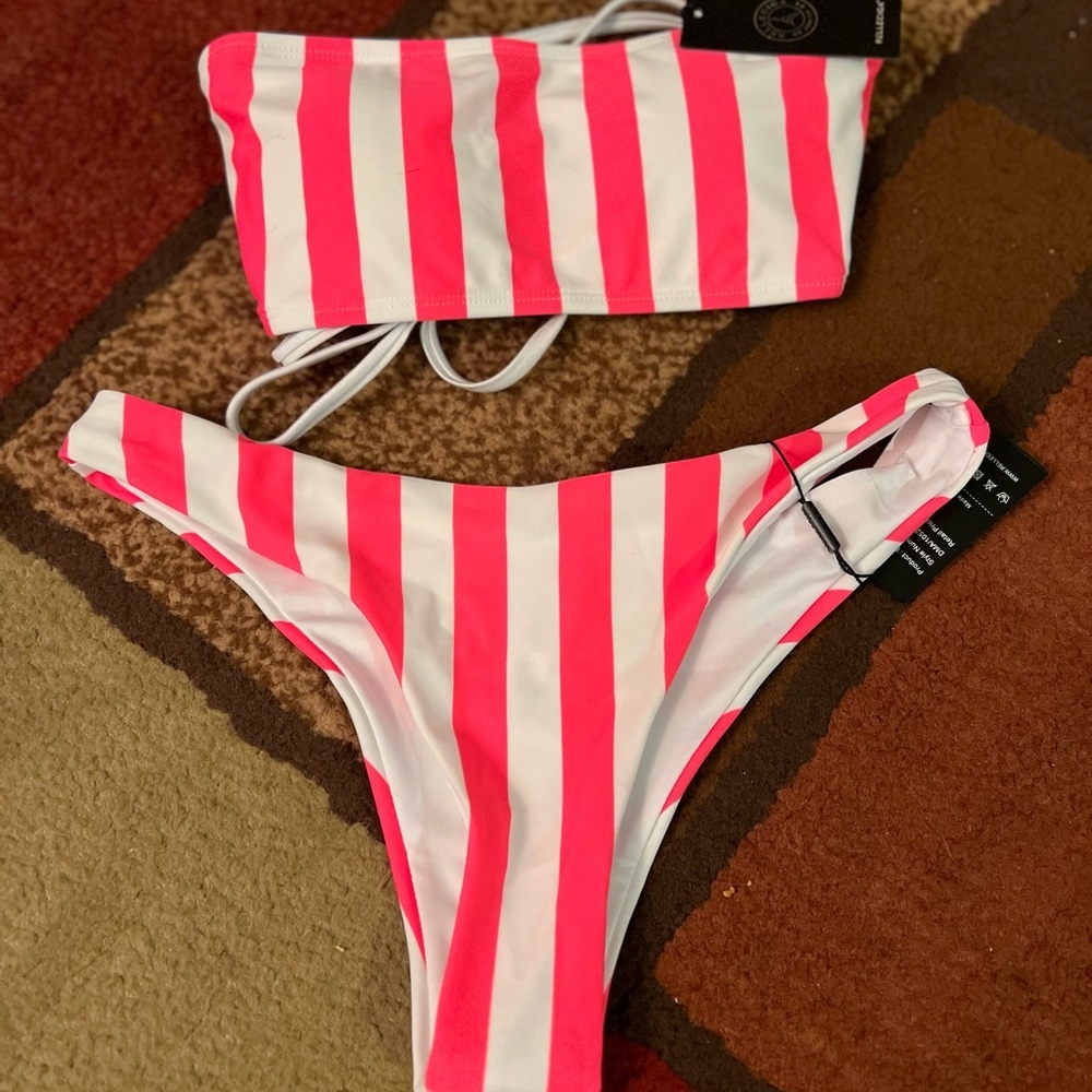 1. RELLECIGA Cheeky Brazilian Pink Striped Bikini Set